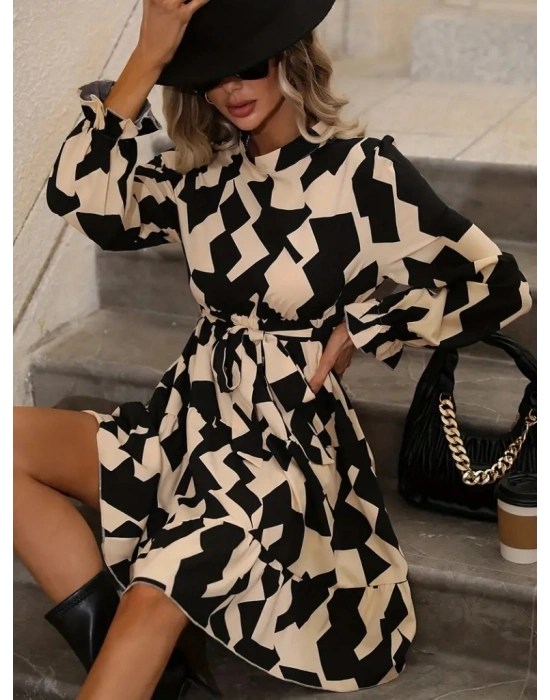 Kadın Uzun Kollu Yarı Balıkçı Yaka Geometrik Desen Kısa şardonlu Dalgıç Elbise