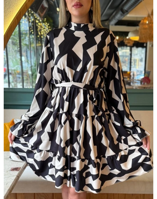 Kadın Uzun Kollu Yarı Balıkçı Yaka Geometrik Desen Kısa şardonlu Dalgıç Elbise