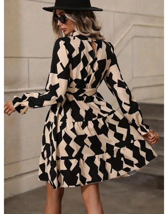 Kadın Uzun Kollu Yarı Balıkçı Yaka Geometrik Desen Kısa şardonlu Dalgıç Elbise