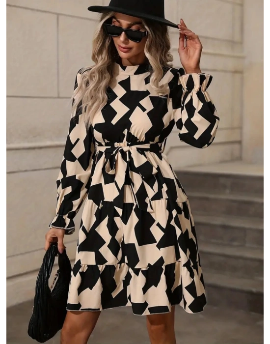 Kadın Uzun Kollu Yarı Balıkçı Yaka Geometrik Desen Kısa şardonlu Dalgıç Elbise