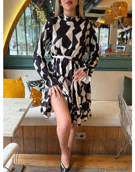 Kadın Uzun Kollu Yarı Balıkçı Yaka Geometrik Desen Kısa şardonlu Dalgıç Elbise