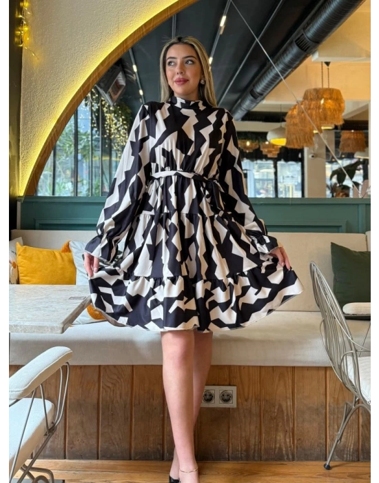 Kadın Uzun Kollu Yarı Balıkçı Yaka Geometrik Desen Kısa şardonlu Dalgıç Elbise