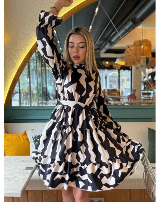 Kadın Uzun Kollu Yarı Balıkçı Yaka Geometrik Desen Kısa şardonlu Dalgıç Elbise