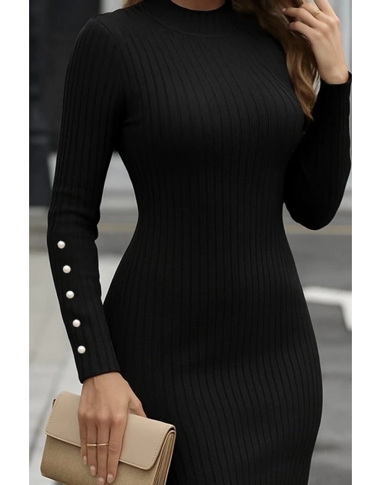 Kadın Uzun Kollu Yarı Balıkçı Yaka Kollar Düğme Detaylı Kısa şardonlu Kaşkorse Elbise