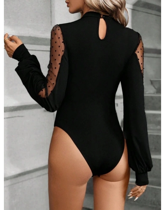 Kadın Uzun Kollu Yarı Balıkçı Yaka Kolları Tül Detaylı Ithal Krep Bluz