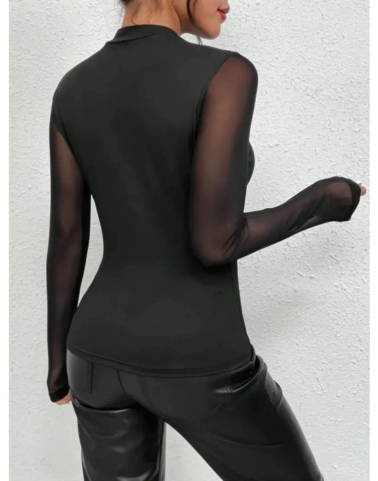 Kadın Uzun Kollu Yarı Balıkçı Yaka Kolları Tüllü Dalgıç Bluz