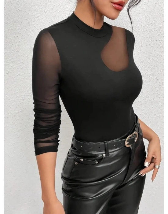 Kadın Uzun Kollu Yarı Balıkçı Yaka Kolları Tüllü Dalgıç Bluz