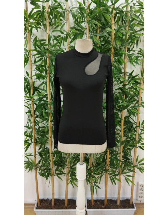 Kadın Uzun Kollu Yarı Balıkçı Yaka Kolları Tüllü Dalgıç Bluz