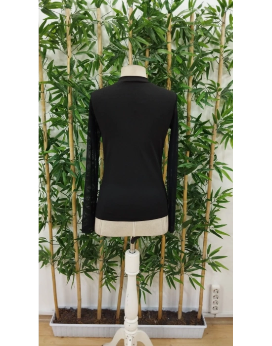 Kadın Uzun Kollu Yarı Balıkçı Yaka Kolları Tüllü Dalgıç Bluz