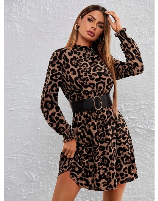 Kadın Uzun Kollu Yarı Balıkçı Yaka Leopar Desenli Kadife Elbise