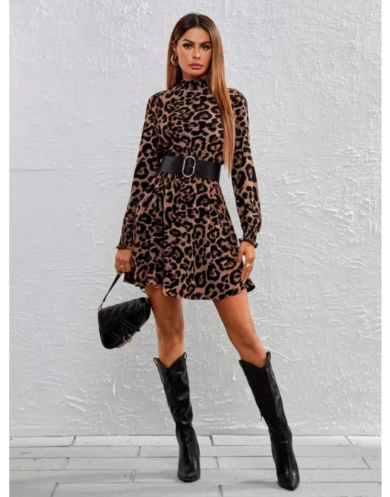 Kadın Uzun Kollu Yarı Balıkçı Yaka Leopar Desenli Kadife Elbise