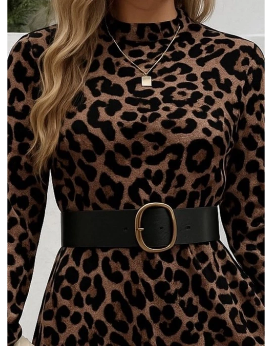 Kadın Uzun Kollu Yarı Balıkçı Yaka Leopar Desenli Kadife Elbise