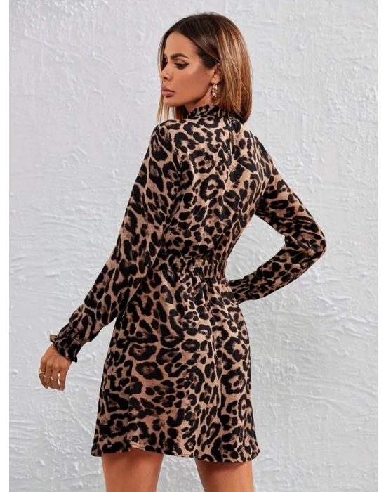 Kadın Uzun Kollu Yarı Balıkçı Yaka Leopar Desenli Kadife Elbise