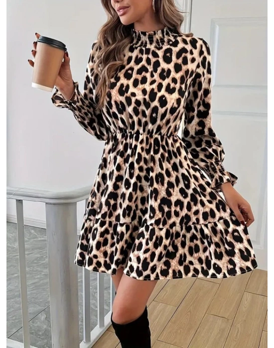 Kadın Uzun Kollu Yarı Balıkçı Yaka Leopar Desenli Modal Mini Elbise