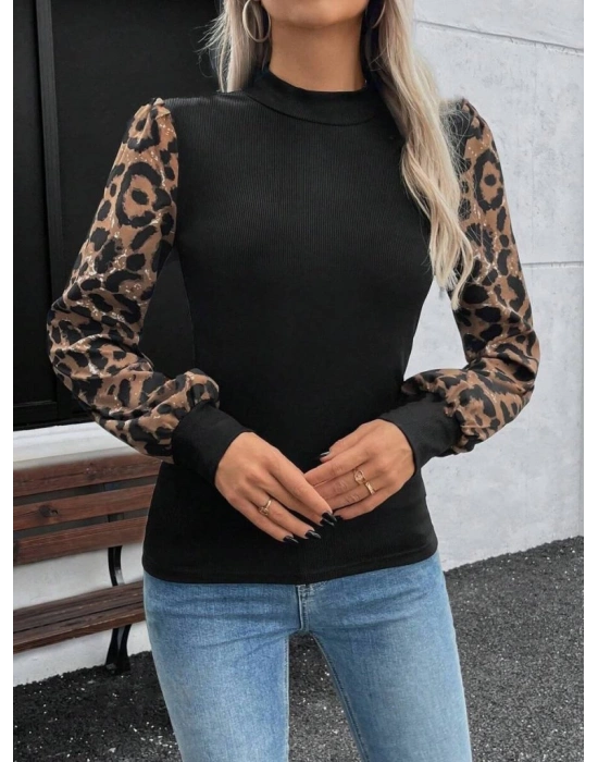 Kadın Uzun Kollu Yarı Balıkçı Yaka Leopar Detaylı Kaşkorse Bluz