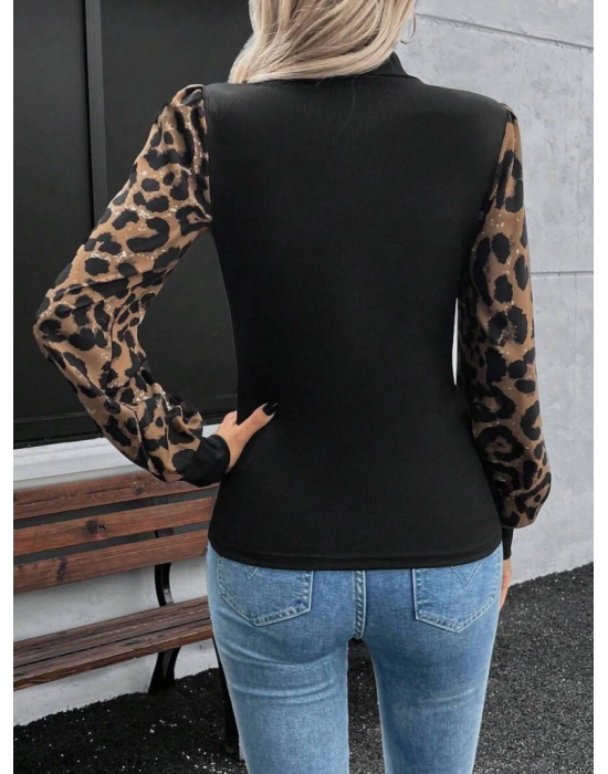 Kadın Uzun Kollu Yarı Balıkçı Yaka Leopar Detaylı Kaşkorse Bluz