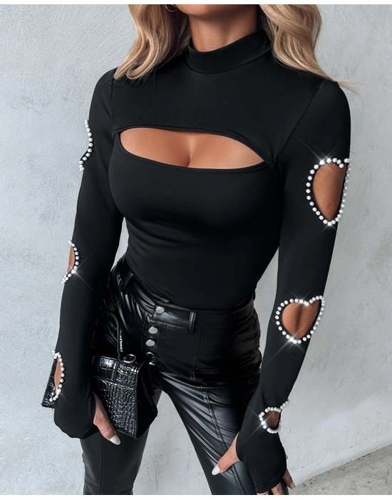 Kadın Uzun Kollu Yarı Balıkçı Yaka Pencere Detaylı Kolları Kalp Desen Taşlı Viskon Bluz