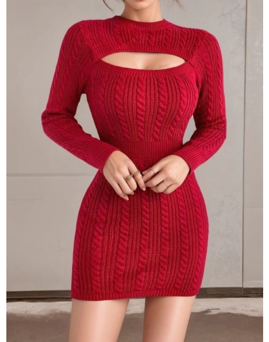 Kadın Uzun Kollu Yarı Balıkçı Yaka Pencere Göğüs Detay Mini Triko Elbise