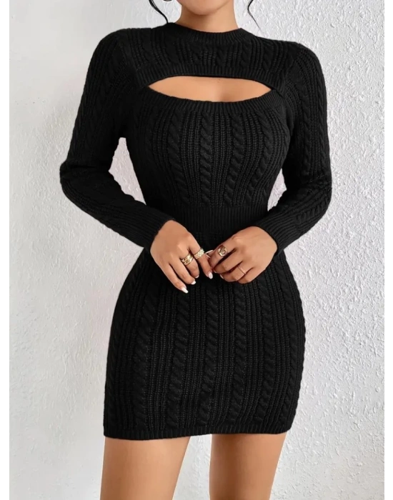 Kadın Uzun Kollu Yarı Balıkçı Yaka Pencere Göğüs Detay Mini Triko Elbise