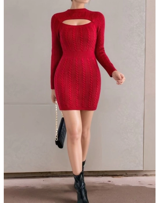 Kadın Uzun Kollu Yarı Balıkçı Yaka Pencere Göğüs Detay Mini Triko Elbise