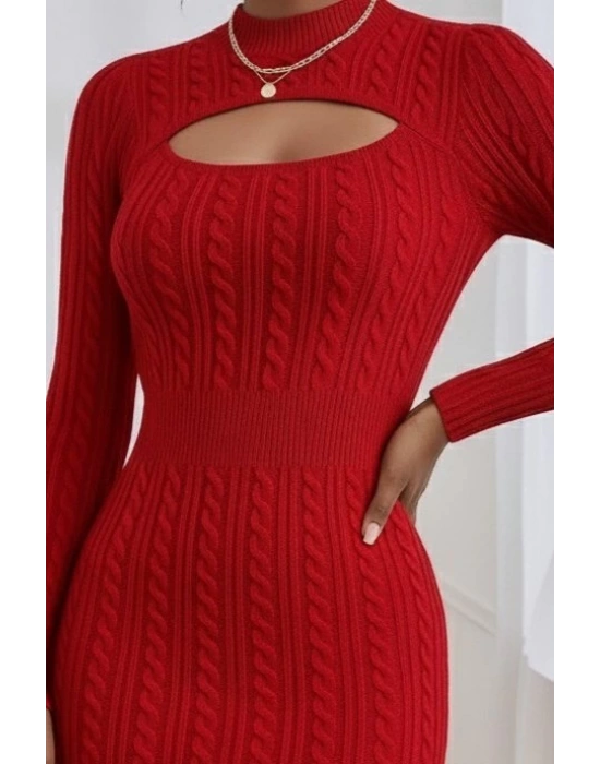 Kadın Uzun Kollu Yarı Balıkçı Yaka Pencere Göğüs Detay Mini Triko Elbise