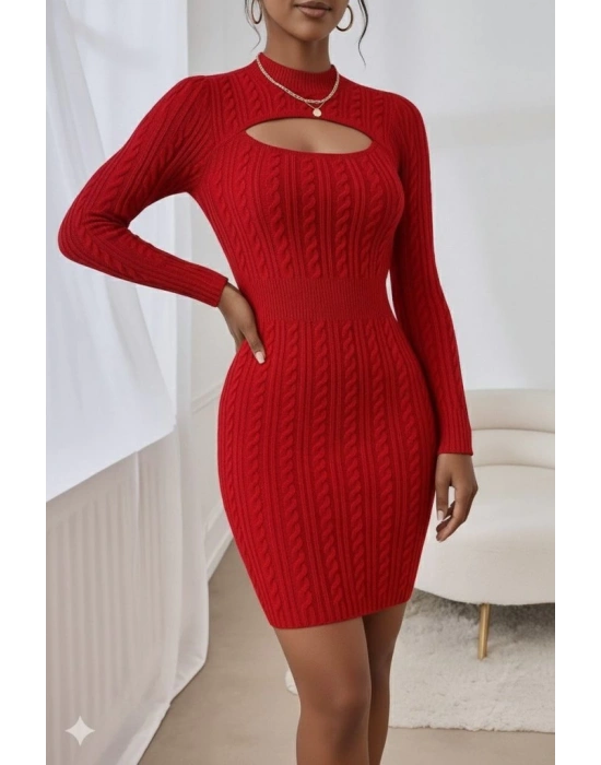 Kadın Uzun Kollu Yarı Balıkçı Yaka Pencere Göğüs Detay Mini Triko Elbise