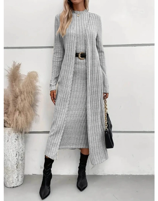 Kadın Uzun Kollu Yarı Balıkçı Yaka şardonlu Dalgıç Elbise Ve Uzun Hırka Ikili Takım