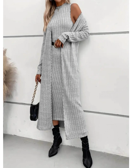 Kadın Uzun Kollu Yarı Balıkçı Yaka şardonlu Dalgıç Elbise Ve Uzun Hırka Ikili Takım