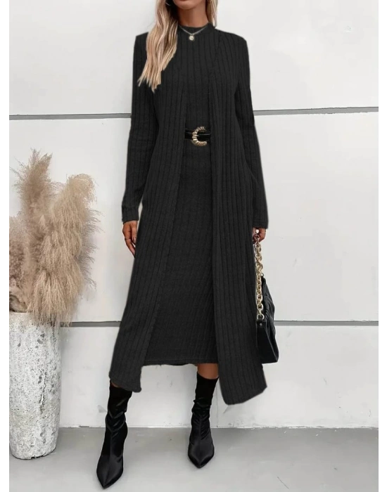 Kadın Uzun Kollu Yarı Balıkçı Yaka şardonlu Dalgıç Elbise Ve Uzun Hırka Ikili Takım