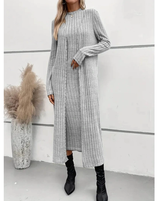 Kadın Uzun Kollu Yarı Balıkçı Yaka şardonlu Dalgıç Elbise Ve Uzun Hırka Ikili Takım