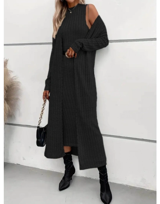 Kadın Uzun Kollu Yarı Balıkçı Yaka şardonlu Dalgıç Elbise Ve Uzun Hırka Ikili Takım