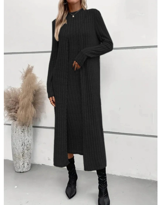 Kadın Uzun Kollu Yarı Balıkçı Yaka şardonlu Dalgıç Elbise Ve Uzun Hırka Ikili Takım