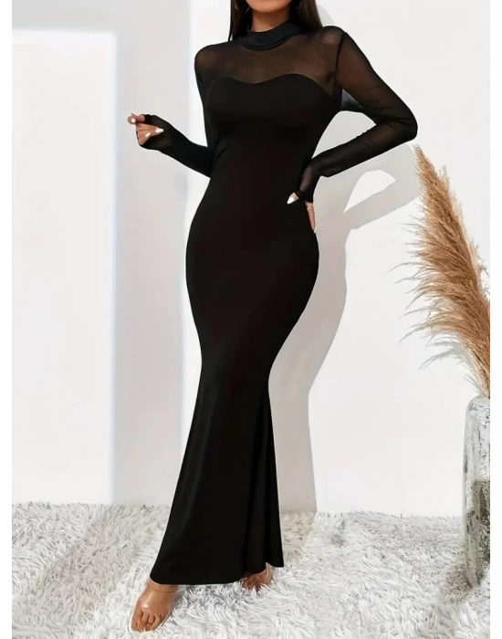 Kadın Uzun Kollu Yarı Balıkçı Yaka Straplezli Krep Uzun Elbise