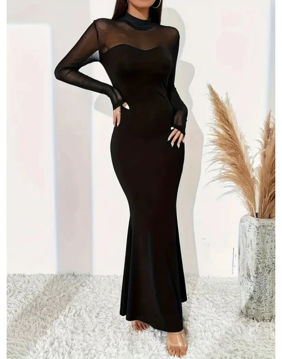 Kadın Uzun Kollu Yarı Balıkçı Yaka Straplezli Krep Uzun Elbise