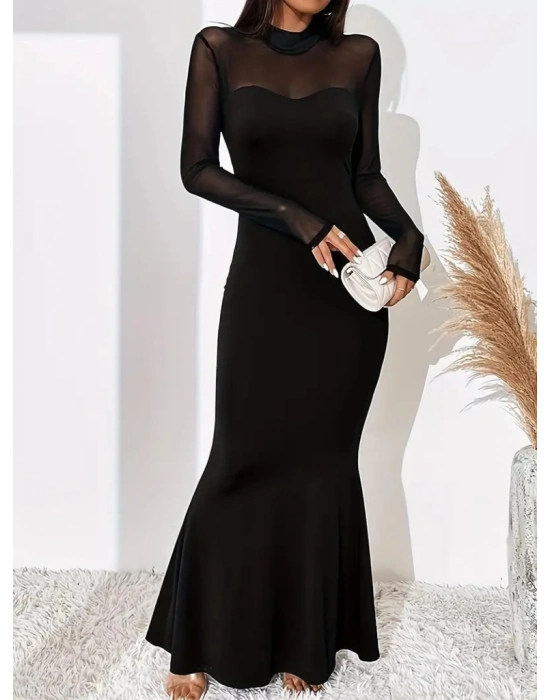 Kadın Uzun Kollu Yarı Balıkçı Yaka Straplezli Krep Uzun Elbise