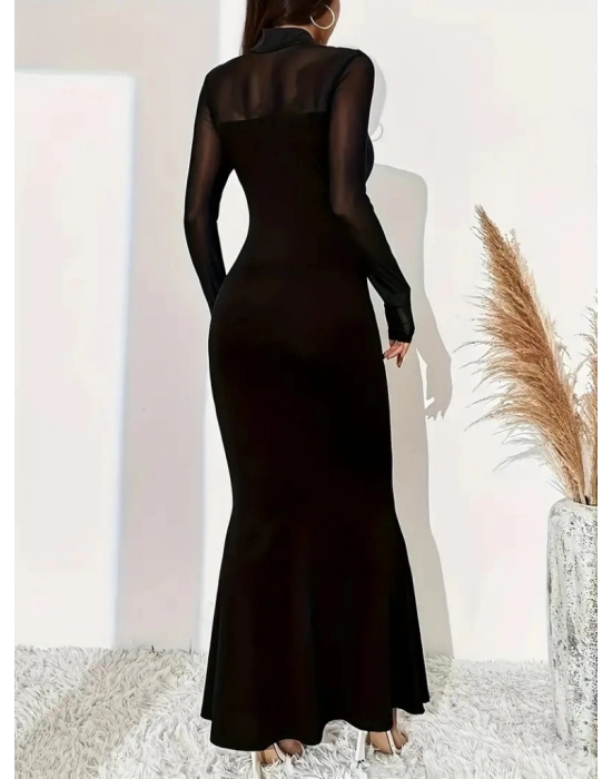 Kadın Uzun Kollu Yarı Balıkçı Yaka Straplezli Krep Uzun Elbise