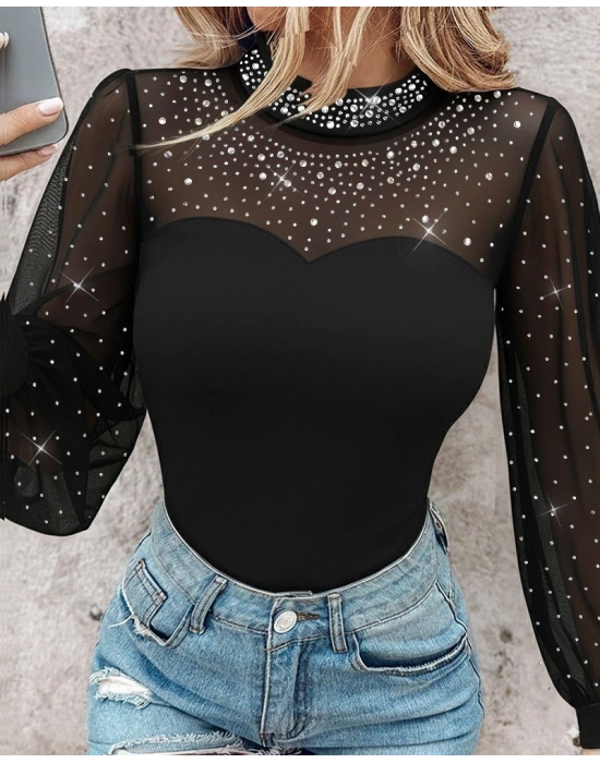 Kadın Uzun Kollu Yarı Balıkçı Yaka Taşlı Sandy Bluz