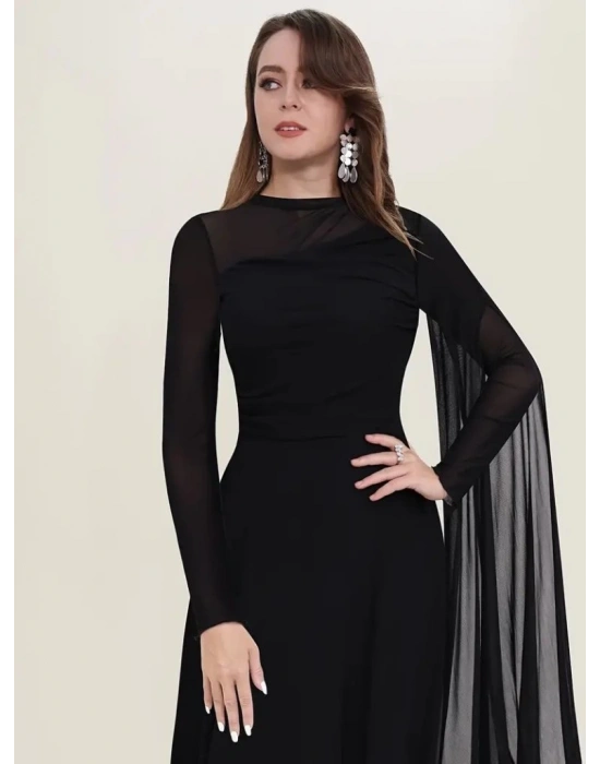 Kadın Uzun Kollu Yarı Balıkçı Yaka Tül Detaylı Uzun Sandy Elbise