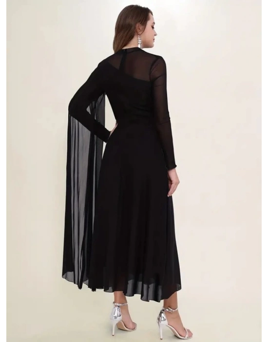 Kadın Uzun Kollu Yarı Balıkçı Yaka Tül Detaylı Uzun Sandy Elbise