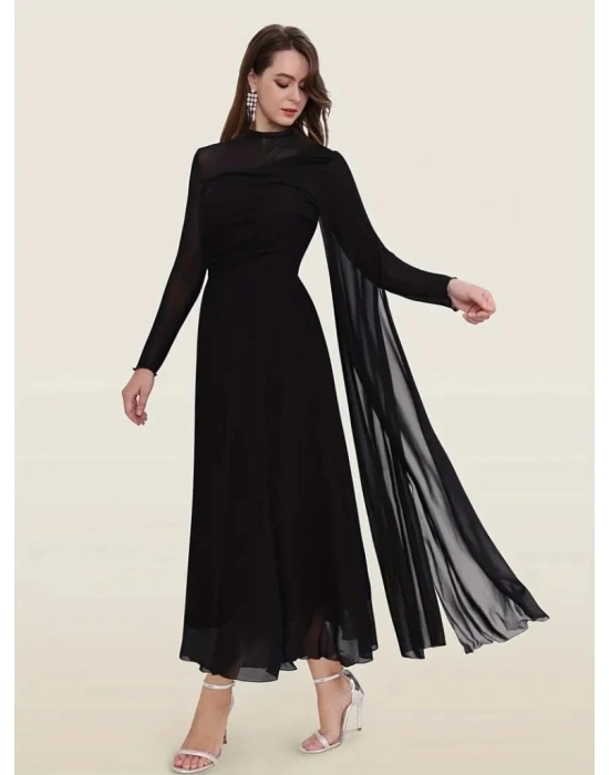 Kadın Uzun Kollu Yarı Balıkçı Yaka Tül Detaylı Uzun Sandy Elbise