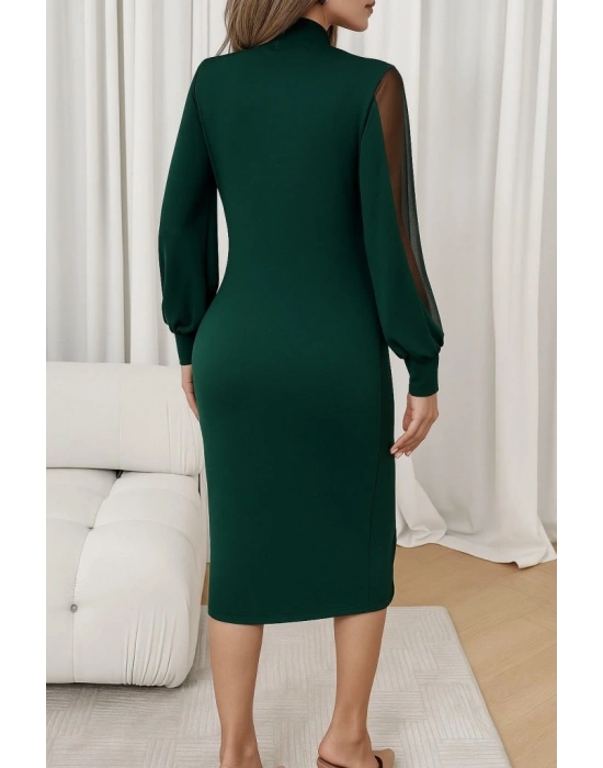 Kadın Uzun Kollu Yarı Balıkçı Yaka Tül Ve Inci Detaylı Kısa Ithal Krep Midi Elbise