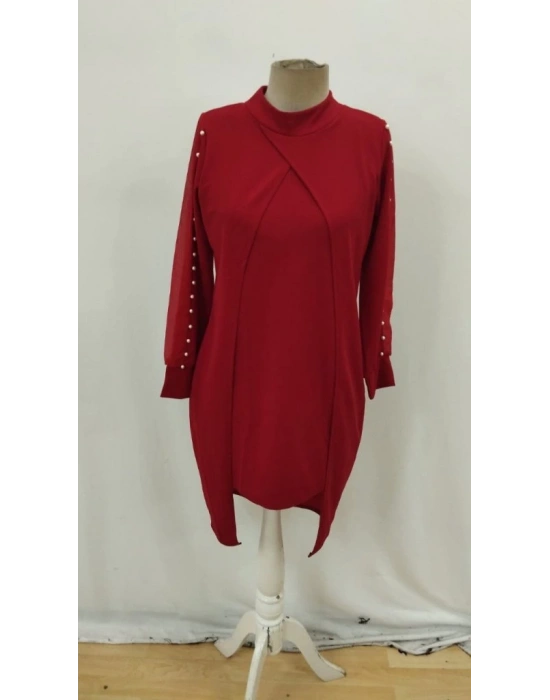 Kadın Uzun Kollu Yarı Balıkçı Yaka Tül Ve Inci Detaylı Kısa Ithal Krep Midi Elbise