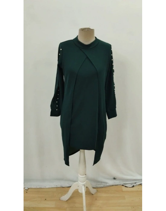 Kadın Uzun Kollu Yarı Balıkçı Yaka Tül Ve Inci Detaylı Kısa Ithal Krep Midi Elbise