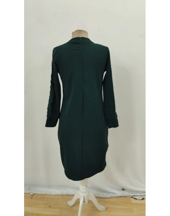 Kadın Uzun Kollu Yarı Balıkçı Yaka Tül Ve Inci Detaylı Kısa Ithal Krep Midi Elbise