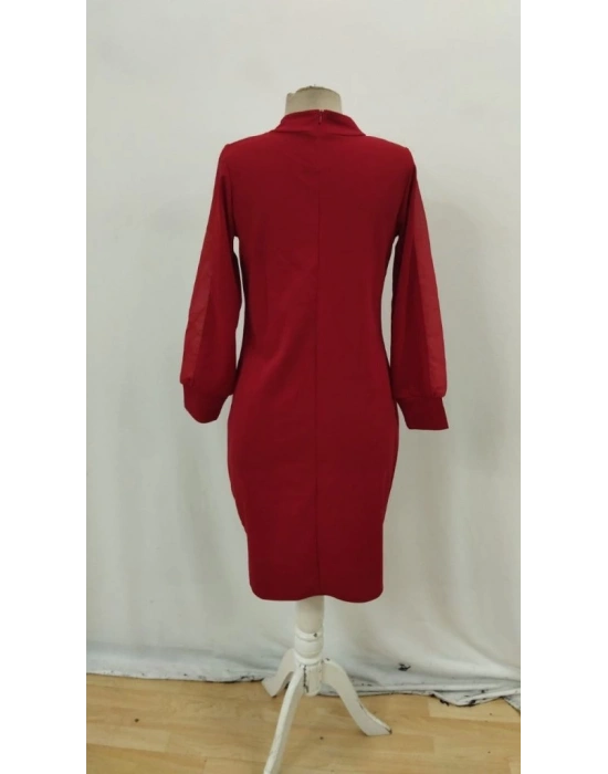 Kadın Uzun Kollu Yarı Balıkçı Yaka Tül Ve Inci Detaylı Kısa Ithal Krep Midi Elbise