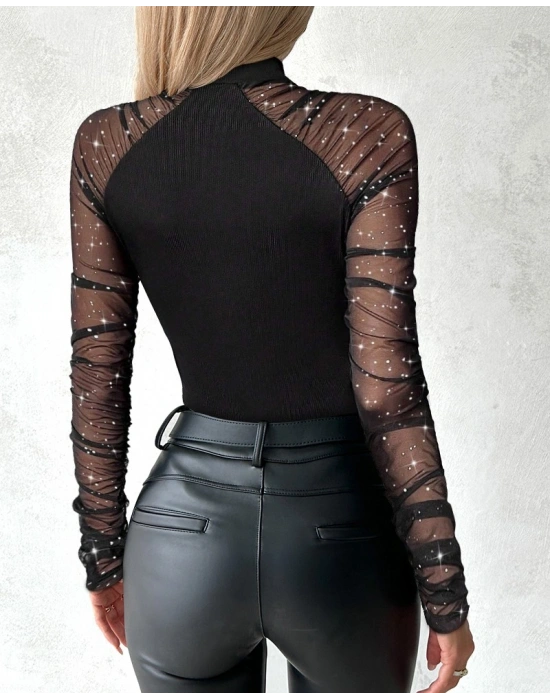 Kadın Uzun Kollu Yarı Balıkçı Yaka Tüllü Kaşkorse Bluz