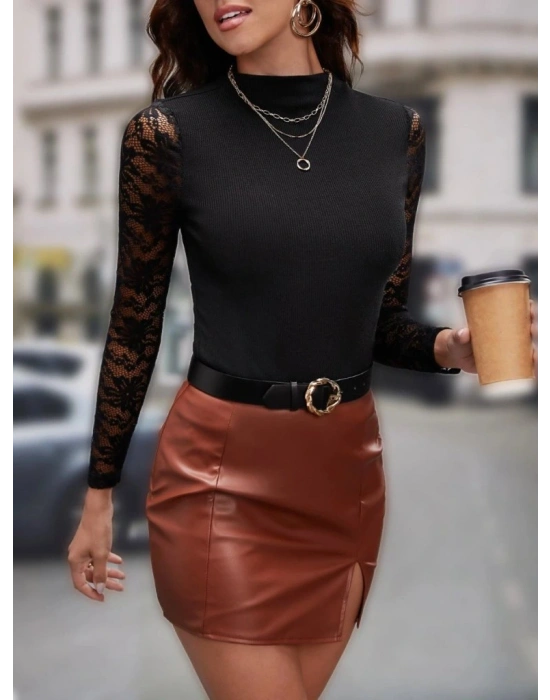 Kadın Uzun Kollu Yarı Balıkçı Yaka Tüllü Kaşkorse Bluz