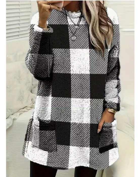 Kadın Uzun Kollu Yarı Balıkçı Yakalı Cep Detaylı Ekoseli Dokuma Tunik