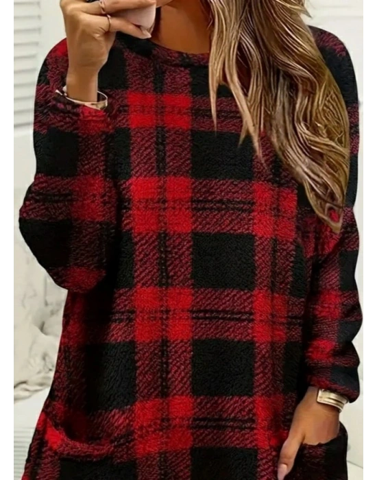 Kadın Uzun Kollu Yarı Balıkçı Yakalı Cep Detaylı Ekoseli Dokuma Tunik