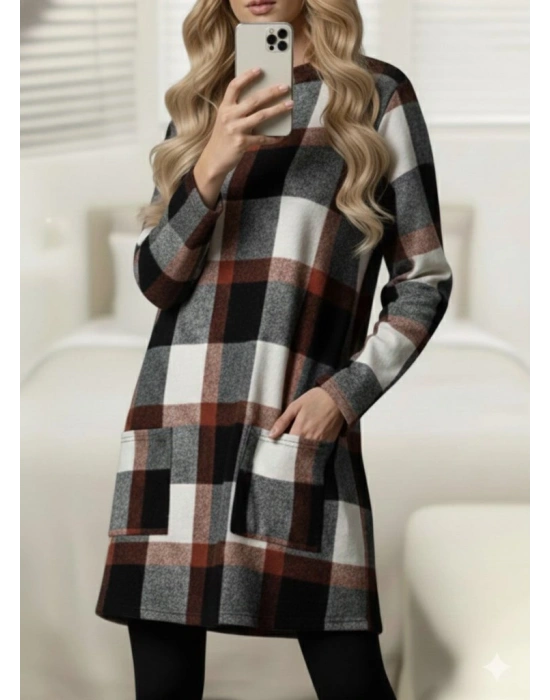 Kadın Uzun Kollu Yarı Balıkçı Yakalı Cep Detaylı Ekoseli Dokuma Tunik